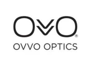 A black and white logo of ovvo optics