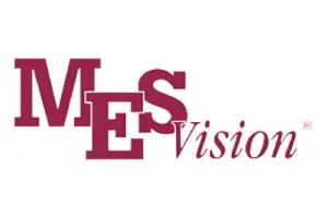 A red and white logo for mes vision