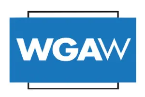 A blue and white logo for the wga.